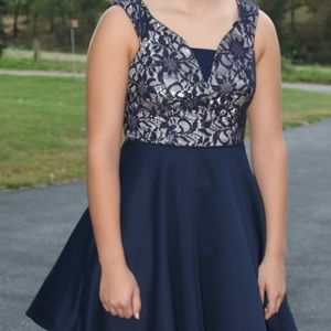 Blue and silver homecoming mini dress